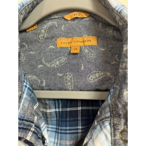 Jachs Girlfriend XL Shades of Blue Plaid Flannel Shirt Pearl Snap Western 100% C - Picture 3 of 8